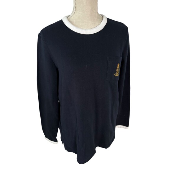 Lauren Ralph‎ Lauren Navy Blue Embroidered Pocket Crest Crewneck Sweater Size M - Picture 2 of 8